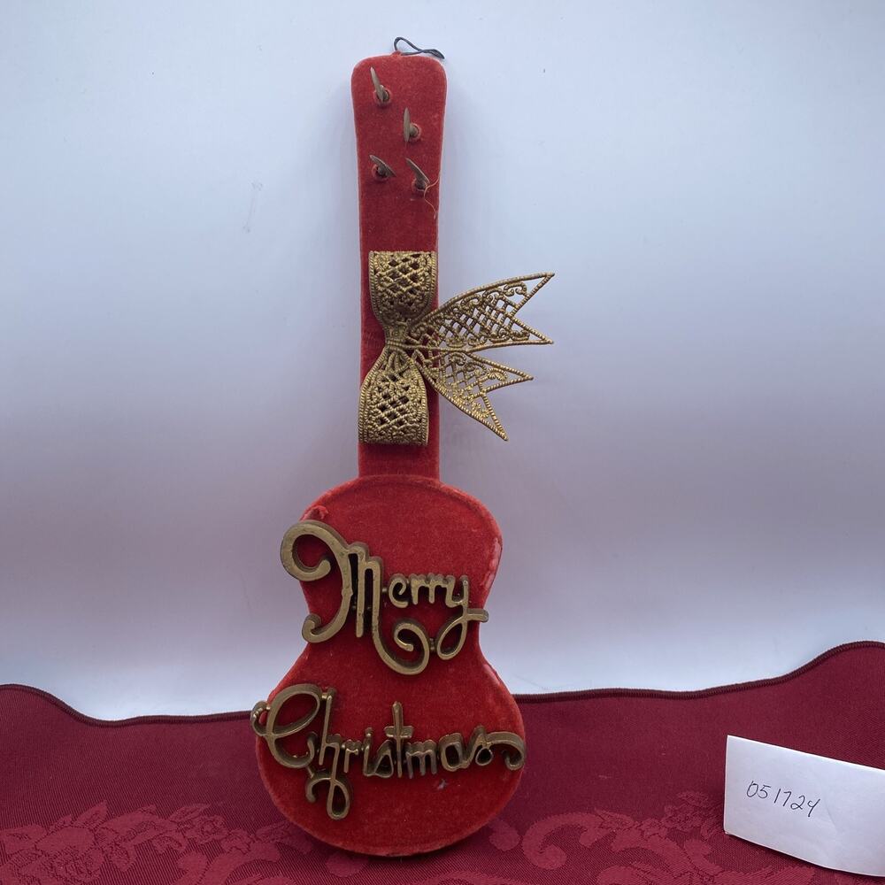 Vintage 1950s Red Velvet Merry Christmas Guitar Ornament Hand Crafted 12”